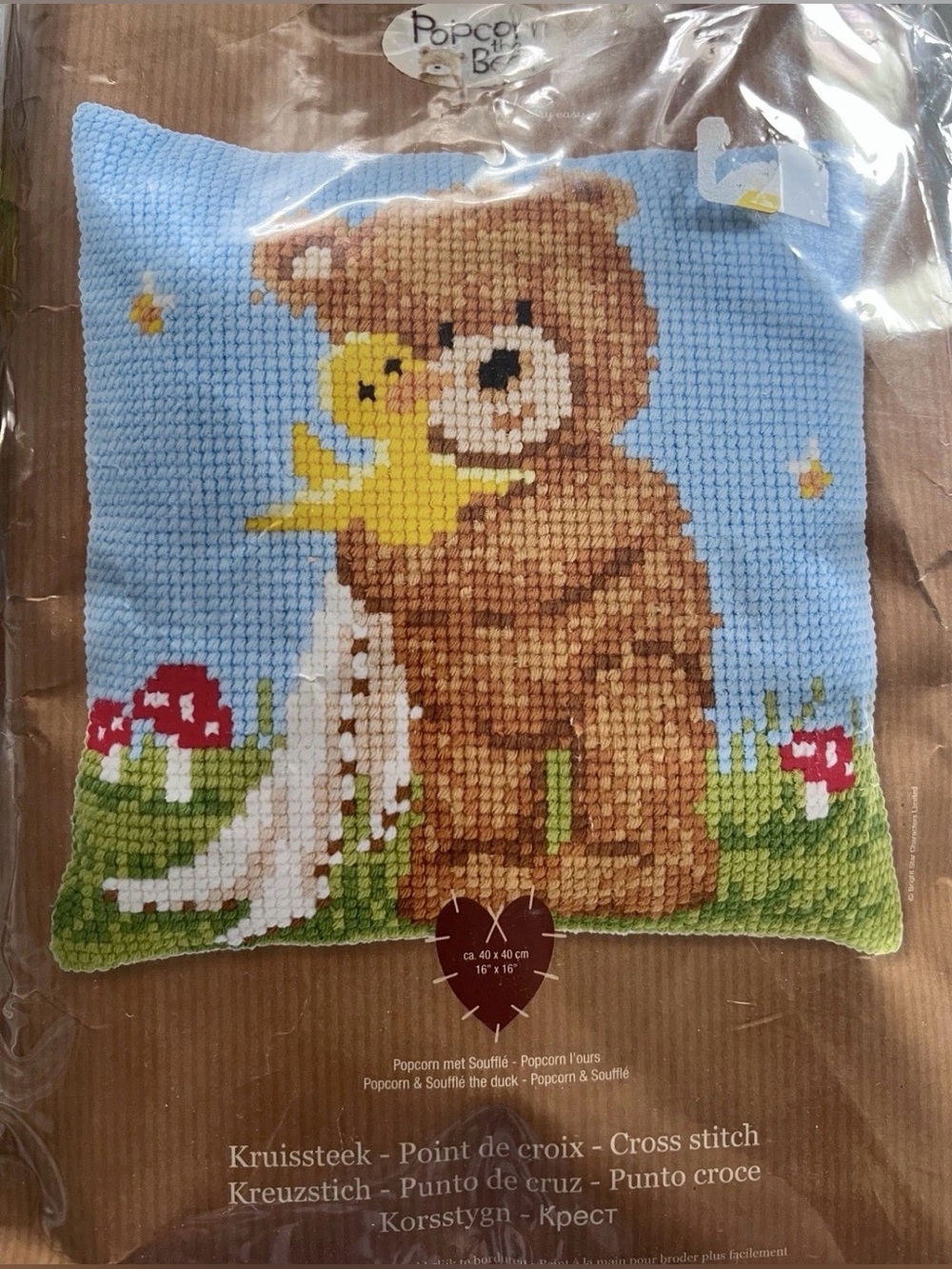 Vervaco Popcorn the Bear & Duck Cross Stitch Cushion Kit 16x16 New Sealed Pillow
